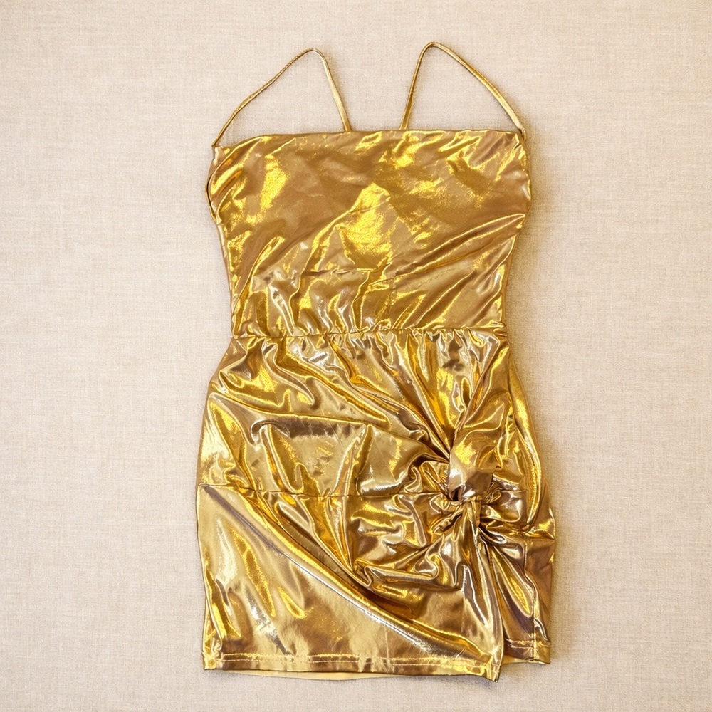 Shiny Gold Runched Mini Dress Size S